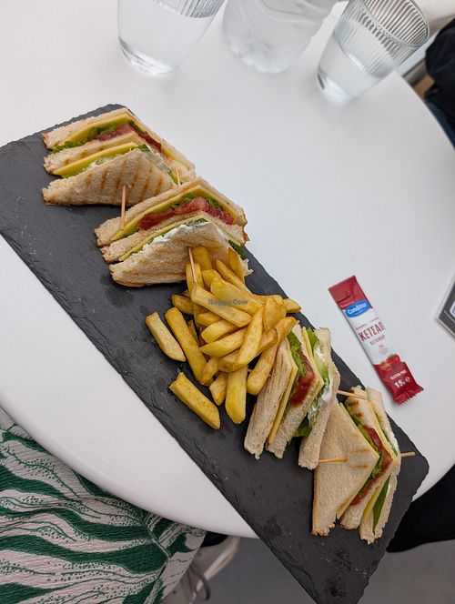 vegan club sandwich and fries at Ammos Cafe and Snack in Thirasia