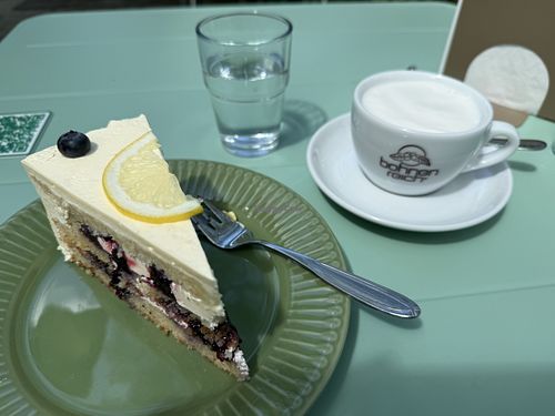 Lemon blueberry cake + decaf cappuccino with soy milk  at Café Zuckerschnecke in Bad Toelz