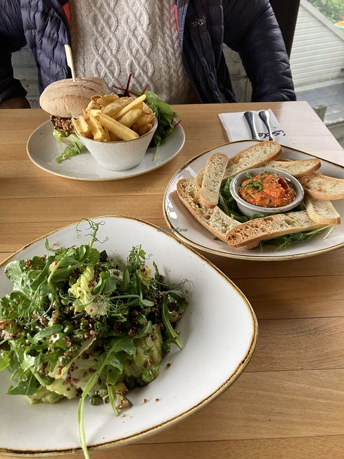 Quinoa salad, roasted red pepper hummus and spicy cauliflower cheese burger   at Beachside Grill  in Braunton