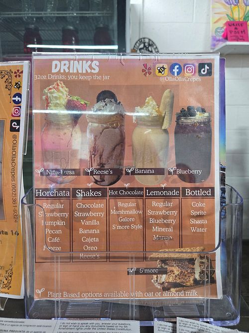 Vegan options for all drinks at Olla Olla Crepes in Phoenix