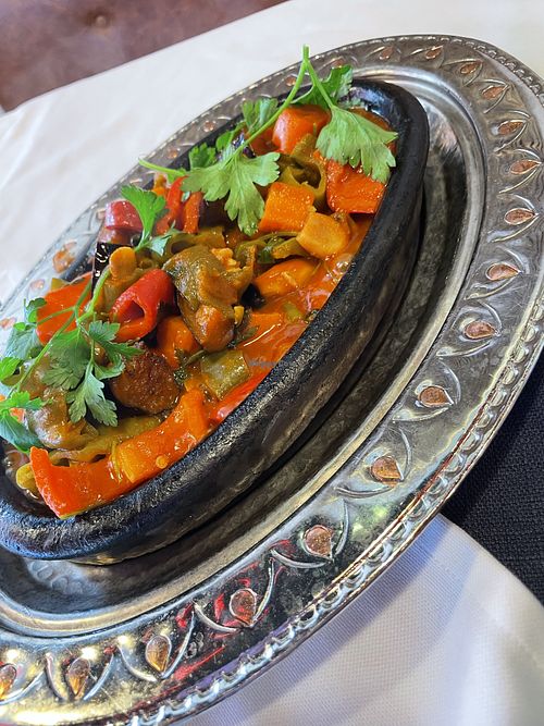 Vegetable Casserole in Tomato Sauce served on sizzle plate  at Modena Steak Kebap Fish House in Istanbul