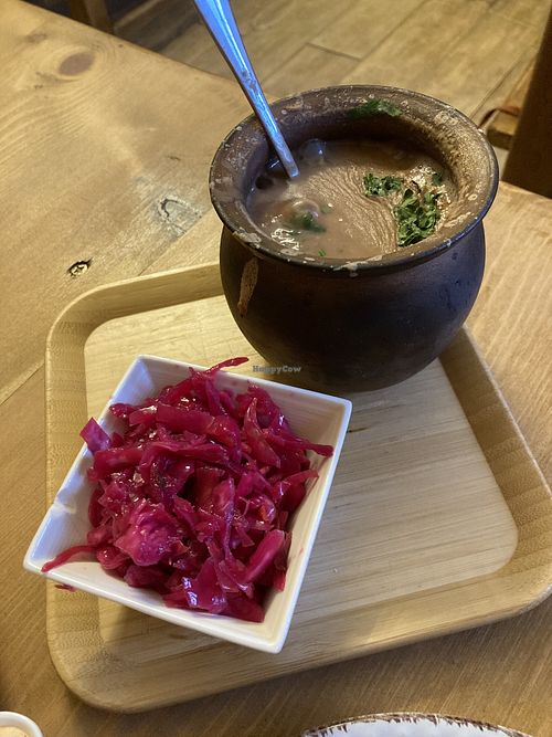 Beans in a pot and pickled cabbagee was  at Kessane in Akhaltsikhe