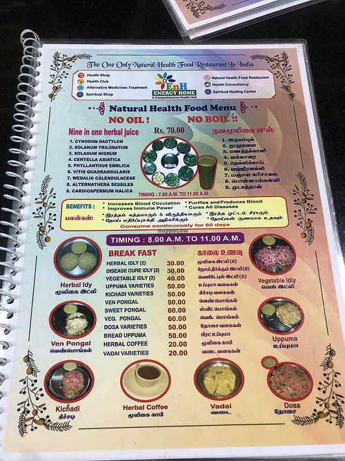 Menu  at Energy Home in Auroville