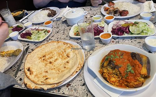 Bread, stuffed aubergine  and salad that comes with every meal!  at Zaytoon in Sandyford