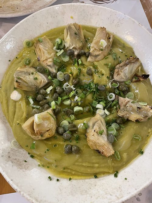 Fava pea puree with capers, green onion and grilled artichokes   at Olympus Gítema in Litochoro