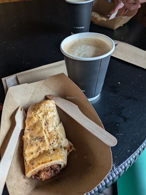 Vegan Sausage Roll and Oat Milk Latte at Maguires Cafe & Gift Shop in Meath