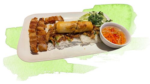 rice noodle with spring roll and vegan steak at VegeViet  in Turku