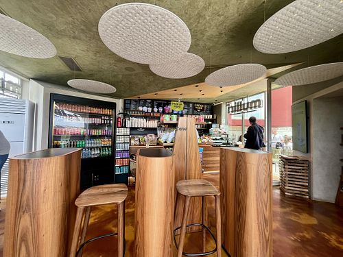 Inside of the coffee shop on top of the pyramid (up lots of steps)   at Mulliri - Piramida in Tirana