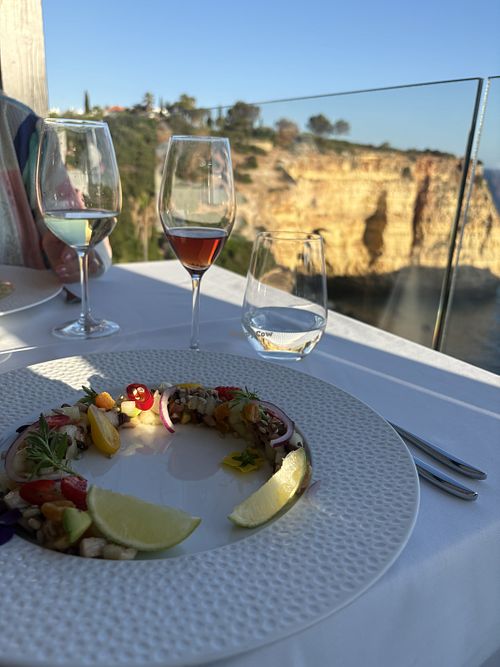 Vegan fruit and veg ceviche paired with vegan wine options.   at The One Restaurant in Carvoeiro