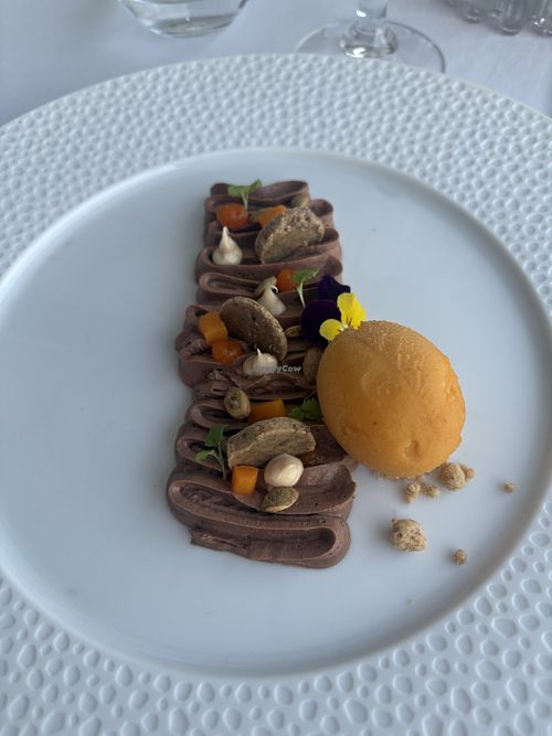Chocolate tofu mouse with pumpkin sorbet  at The One Restaurant in Carvoeiro