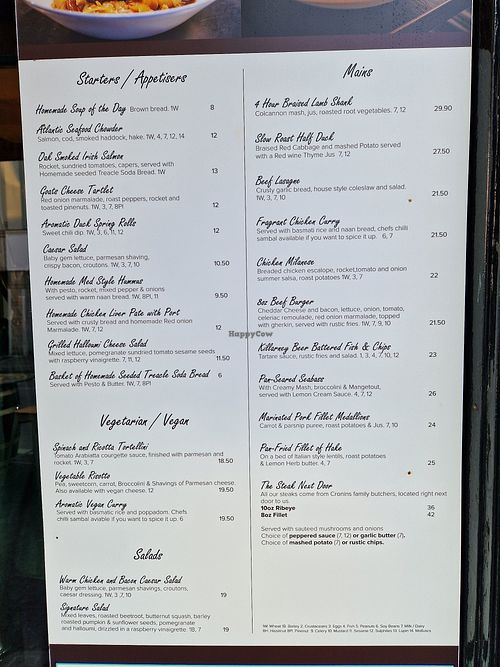 Menu at Murphy Brownes in Killarney