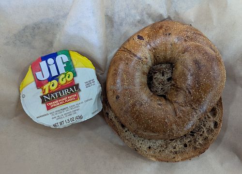 cinnamon raisin bagel with peanut butter at Henry Higgins Boiled Bagels - Nob Hill in Portland