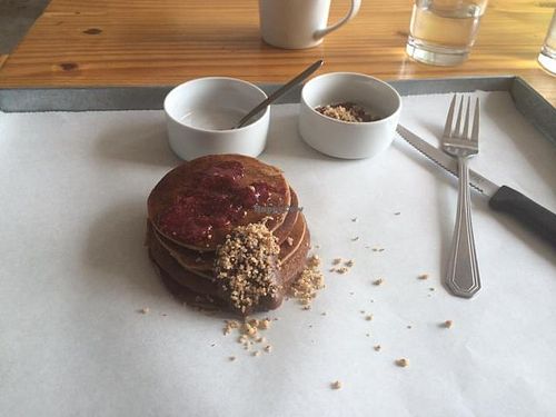 Quinoa and rice flour pancakes with strawberry chia see jam and date chocolate spread at Free Food in Johannesburg