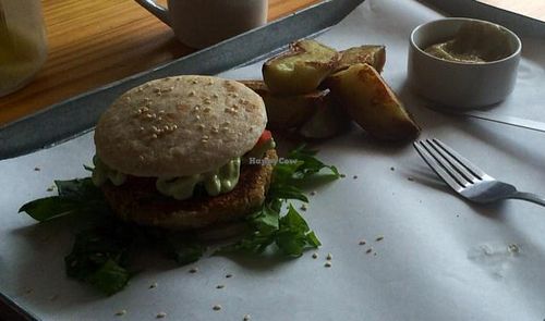 Chickpea burger with potato wedges at Free Food in Johannesburg