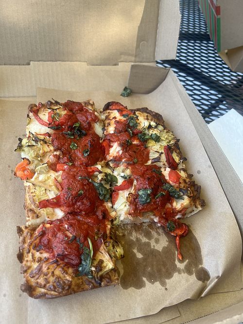 “Olive You Truly” pizza (sans olives) with vegan cheese.  at RiverTrail Beerworks in Saranac Lake