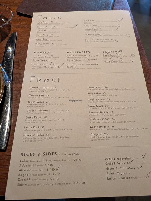 Check- vegan, circle- vegan with mod at Rumi’s Kitchen in District Of Columbia