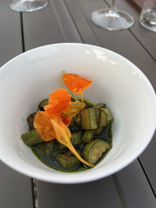 ZUCCHINE TRIFOLATE, MENTUCCIA, SALSA VERDE  at Fattoria Sardi Giustiniani in Toscana