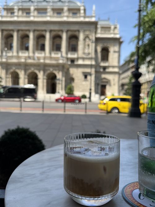 Iced soy cappuccino and a wonderful view of the opera  at Le Petit Beefbar Budapest in Budapest