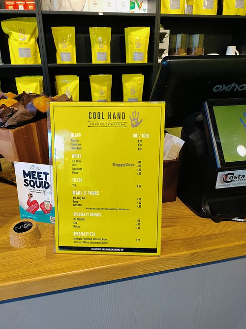 Coffee menu showing 60¢ additional charge for alt milk at Cool Hand Coffee Roasters Grand Canal in County Dublin
