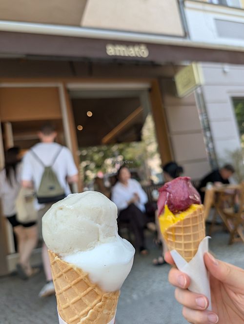 Yuzu & jasmin tea-lychee (left), blueberry-lavender & mango (right) at Amatō in Berlin