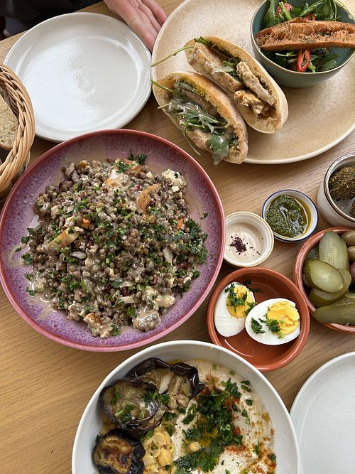 Lentil sweet potato salad, tofu pita, hummus with aubergine   at Hummus Malka in Caldas Da Rainha
