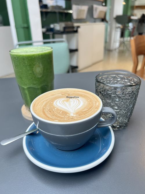 Vegano chai latte and green juice! Delicioso.   at Simple Fresh Eatery and Coffee Bar in San Jose