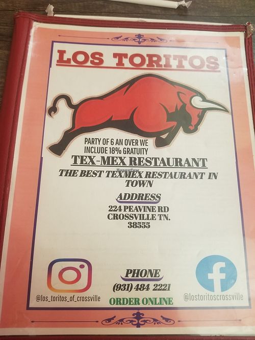 Menu front at Los Toritos Of Crossville in Crossville