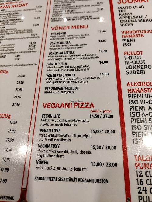 Vegan menu at Pizzeria Foxy Bear in Helsinki