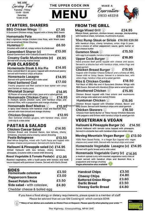 New summer menu 2025 at The Upper Cock in Cwmbran