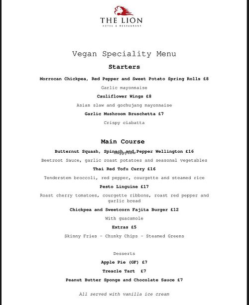 Vegan Menu Summer 2025 at The Lion Hotel  in Pontypool