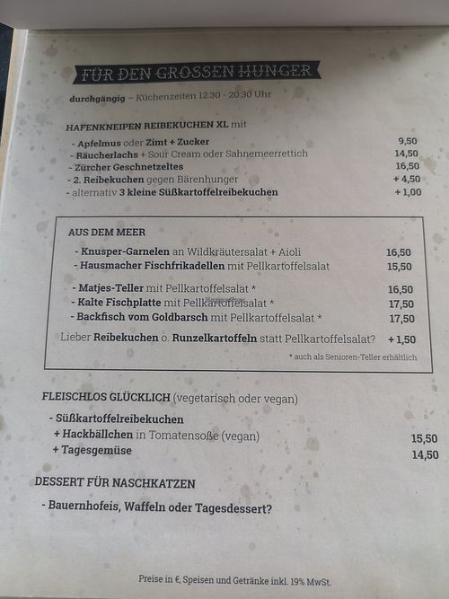 Speisekarte at Hafenkneipe Heiligenhafen GbR in Heiligenhafen