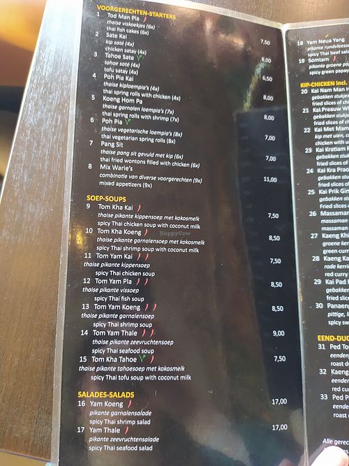 Menu at Warie's Thai Food in Amsterdam