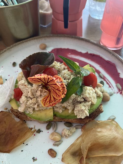 avocado toast with vegan protein chunks  at Wowzer Brunch & Restaurant in Punta Cana