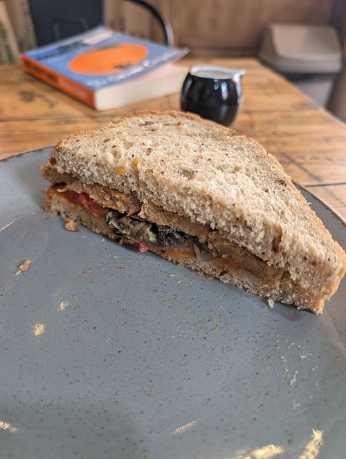 One half of a Vegan Sausage sandwich order. Very nice 👍 at Wonky Tulip Coffee House in Hull