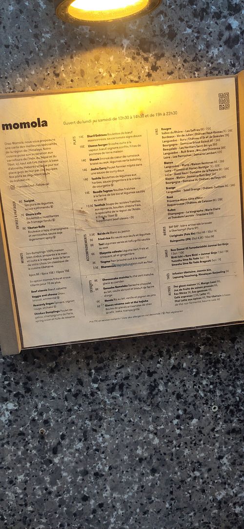 Menu at Momola in Ile-de-france