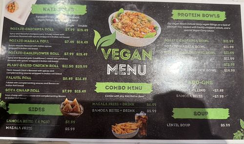 Special, separate vegan menu  at Kati Roll Wala @ Chancery Market in Wilmington