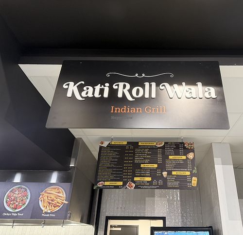Front counter area and overhead menu  at Kati Roll Wala @ Chancery Market in Wilmington