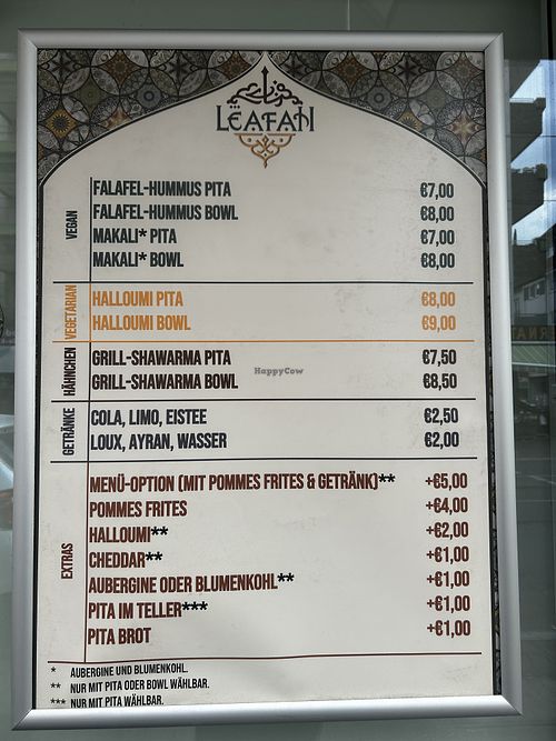Speisekarte, bei extra Wünschen einfach nachfragen   at LEAFAH in Frankfurt
