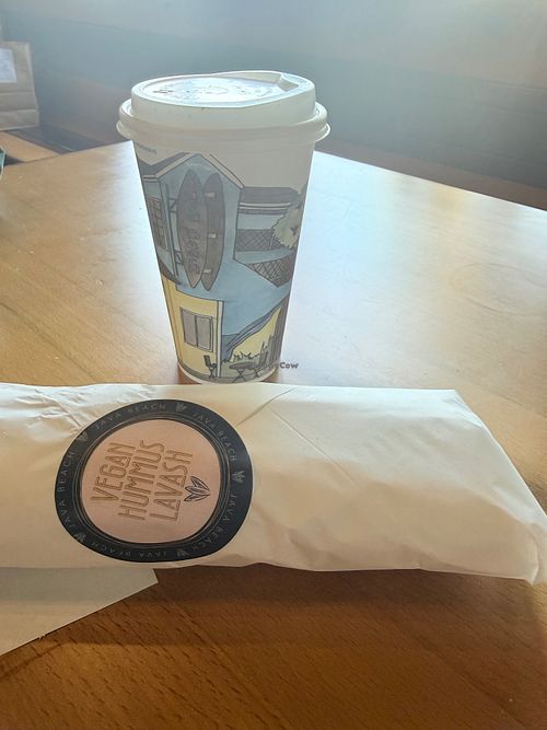vegan hummus lavash and coffee with oat milk at Java Beach Cafe  in San Francisco