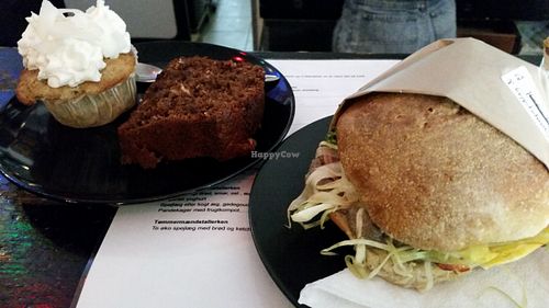 Cupcake with Coconut soya cream frosting, banana choc bread and mushroom spread mixed veg sandwich at Harbo Bar in Copenhagen