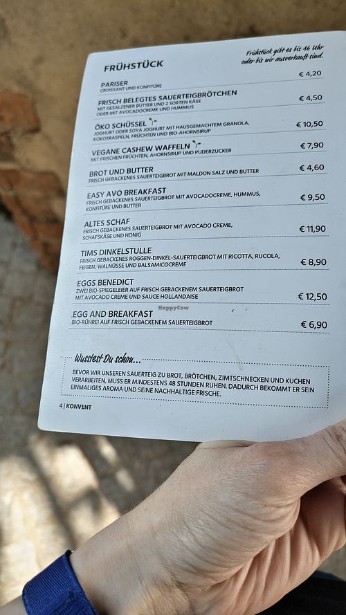 Menu at Konvent Café in Luebeck
