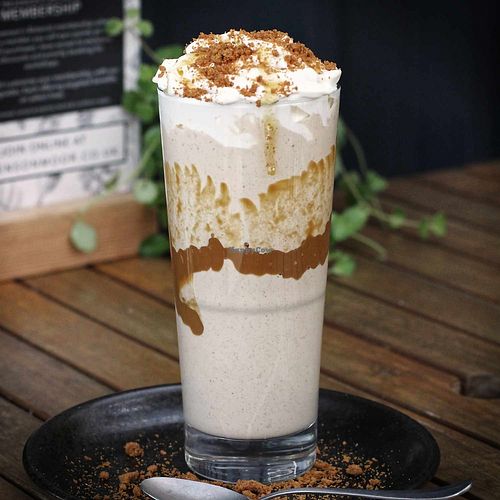 Vegan Biscoff thick shake, oat base, soya cream at Trevenson Moor Limited in Redruth