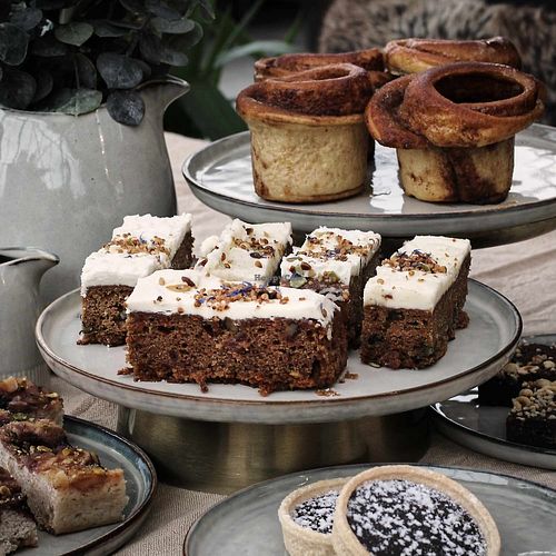 Vegan Cinnamon Swirls (Top Right), Vegan Carrot Cake (Center), Vegan & Gluten Free chocolate orange tart (Bottom Right) at Trevenson Moor Limited in Redruth