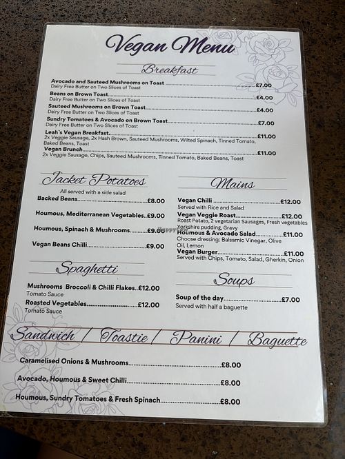 Vegan menu  at Leah's Bistro in Gillingham