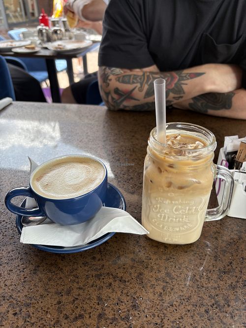 Oat flat white and oat iced latte  at Leah's Bistro in Gillingham