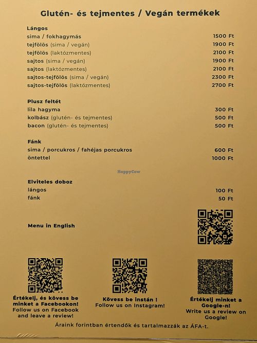 The menu at Láng-Fánk Food Kft in Budapest