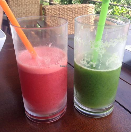 Watermelon juice and kale, Presley, mint, mixed greens juice at Santosa Vegan Restaurant in Phuket