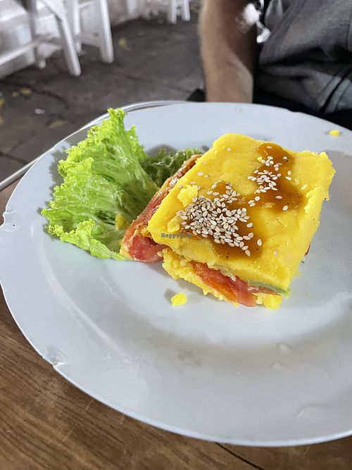 Causa - a Peruvian dish sort of like a layered potato slice. Very zesty and lemony, yum  at Vegan Point in Cusco