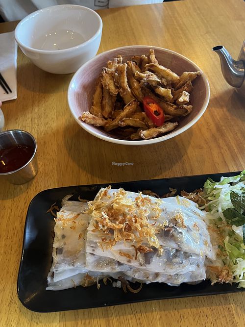 Crispy fried aubergine and steamed rice batter with wood ear mushrooms, taro, and mung beans  at Eat Vietnam bar-b-grill in England