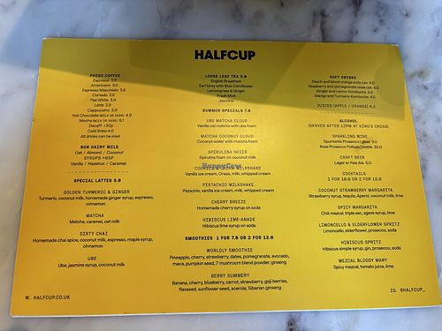 Drinks menu  at Half cup in London